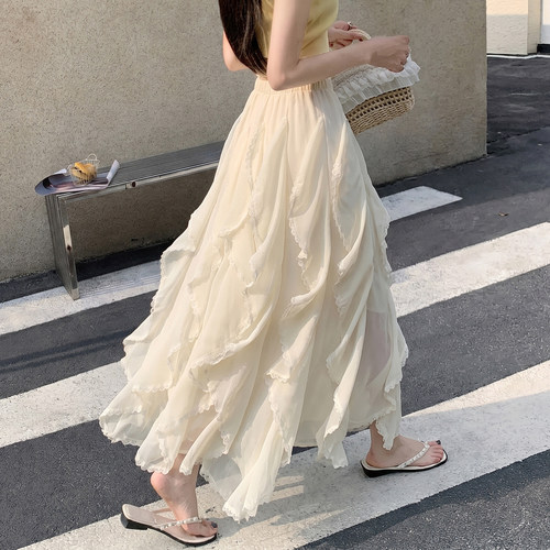 实拍蕾丝荷叶边半身裙女2026新款春季不规则a字温柔气质仙女纱裙