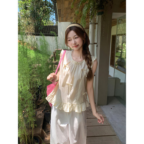 蝴蝶结系带无袖娃娃衫女夏季新款蕾丝花边小飞袖衬衫宽松减龄上衣