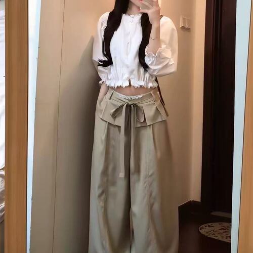 175高个子卡其色花边阔腿裤女夏季2026韩版高腰宽松显瘦屁帘裤子