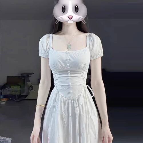 白色桔梗 少女感绑带收腰连衣裙女夏大方得体短袖长款裙子