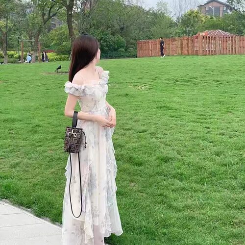 海边度假风吊带裙纱法式荷叶边沙滩连衣裙氛围感长裙飘逸仙女范