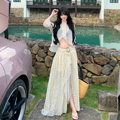 实拍夏季新款露肩波点上衣女高腰显瘦半身裙套装