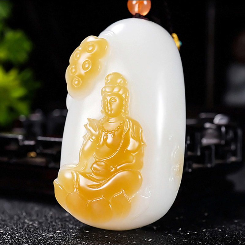 新疆大师张亚龙作品和田玉糖羊脂白玉且末金山料观音挂件72.77克