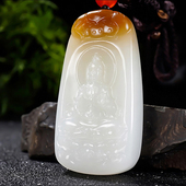 新疆冯立辉作品和田玉糖羊脂白玉且末金山料观音挂件57.43克