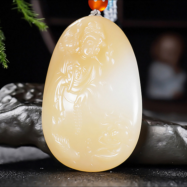 新疆冯立辉作品和田玉且末金山料蜜糖色糖羊脂白玉观音33.93克