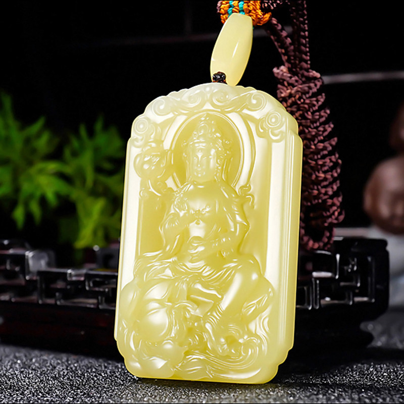 新疆大师冯立辉作品 和田玉若羌鸡油黄黄玉观音牌挂件60.72克