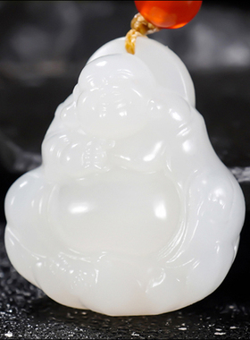 新疆大师郭磊作品和田玉羊脂白玉笑佛挂件13.44克A