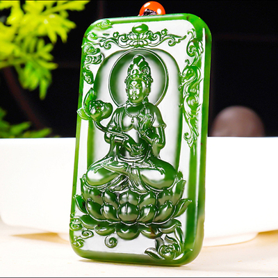 新疆冯立辉作品和田玉俄料阳绿7号矿红皮碧玉大势至菩萨挂件75.40