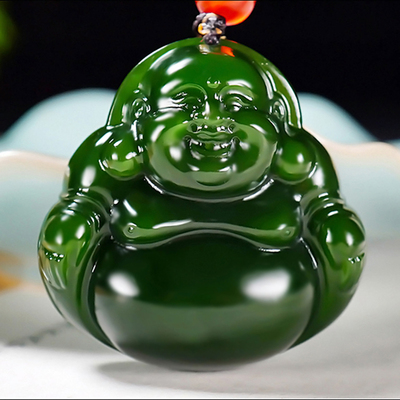 新疆张亚龙作品和田玉俄料阳绿7号矿碧玉笑佛挂件21.13克