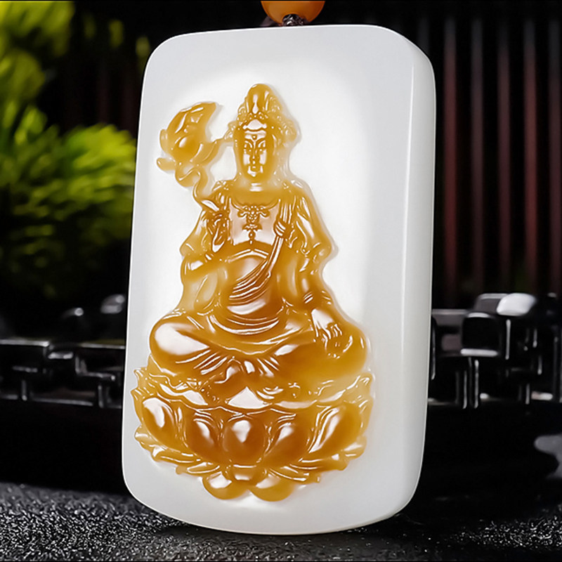 新疆大师冯立辉作品和田玉且末金山料糖羊脂白玉观音挂件82.80克