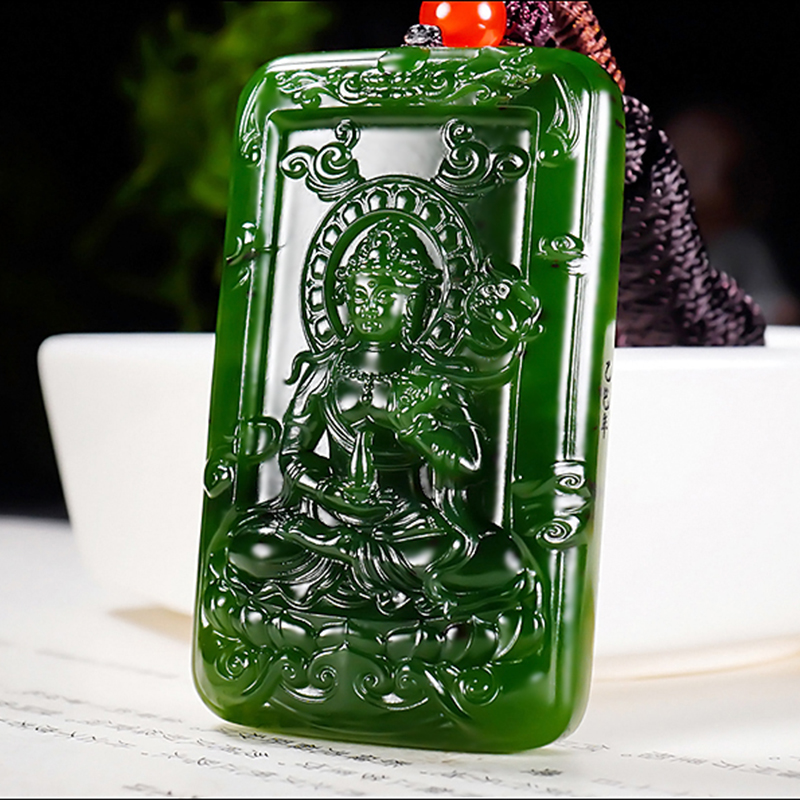 新疆张亚龙作品和田玉俄料阳绿7号矿红皮碧玉大势至菩萨挂件69.26