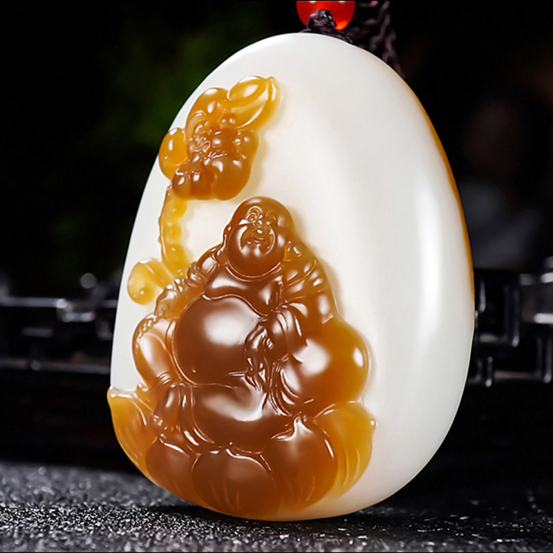 新疆冯立辉作品和田玉且末金山料糖羊脂白玉笑佛挂件56.01克