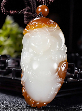 新疆大师冯立辉作品和田玉糖白玉且末金山料财神挂件29.94克
