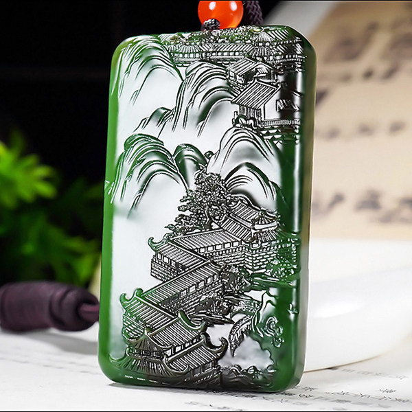 新疆大师张亚龙作品和田玉俄料阳绿7号矿红皮碧玉山水牌72.88克