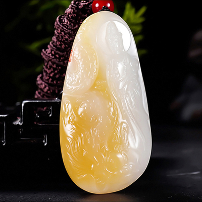 新疆大师张亚龙作品和田玉且末料糖羊脂白玉观音挂件27.95克