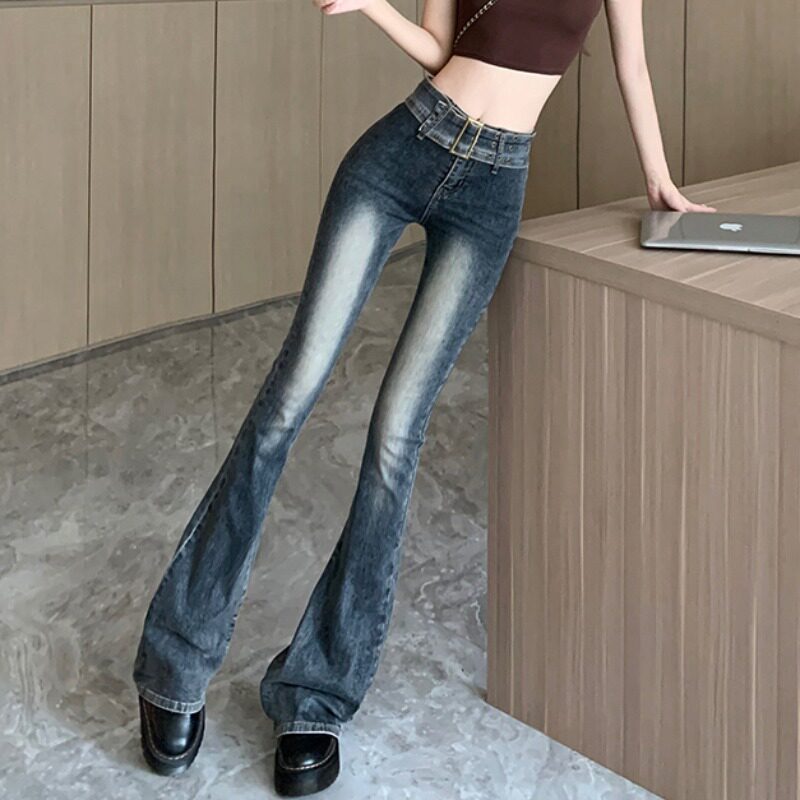 DESIGN SENSE RETRO MICRO FLARED JEANS WOMENS SPRING AND AUTUMN HIGH-WAISTED SLIM HIP LIFTING HORSESHOE PANTS MOPPING LENGTHENED PANTS