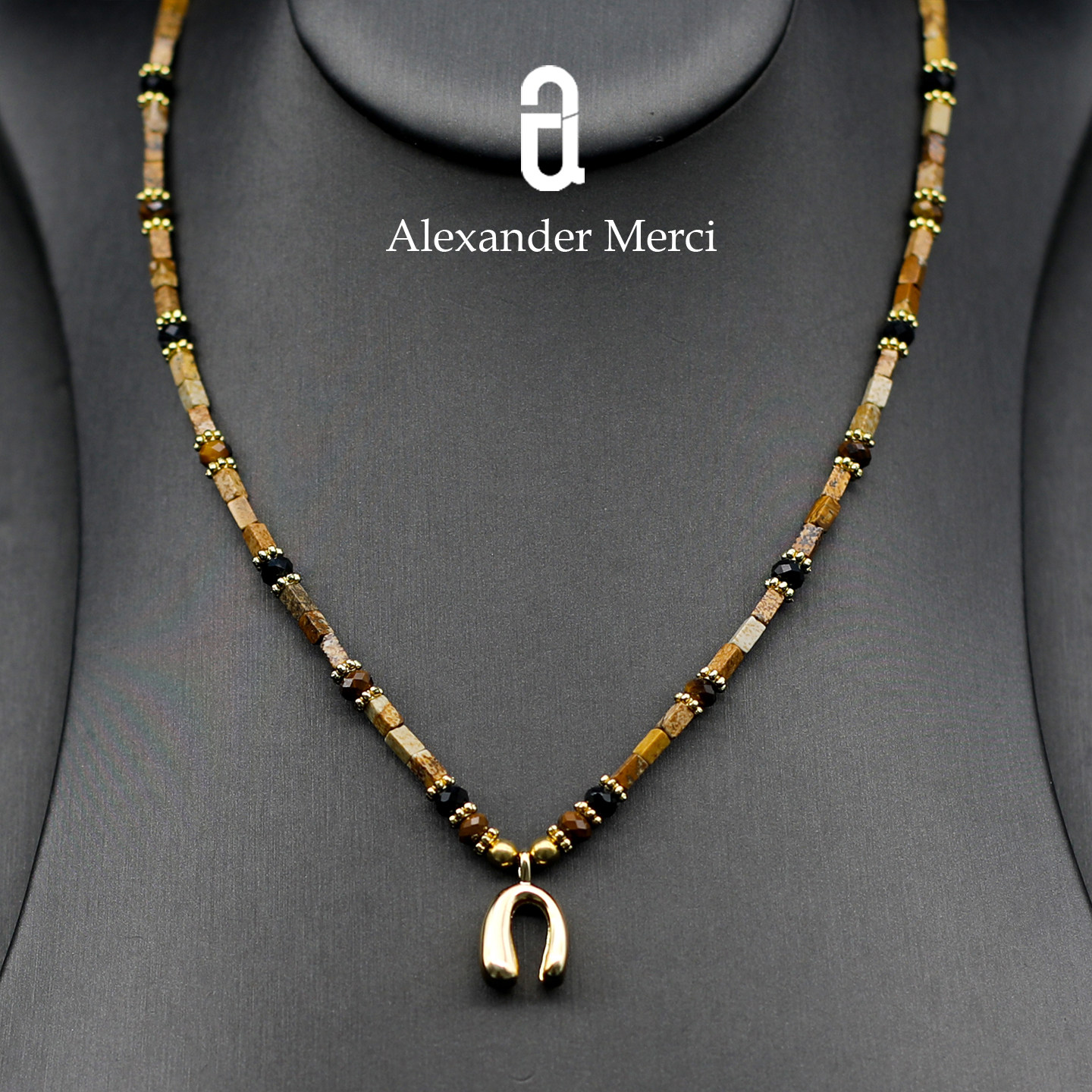 法国订单纯天然虎眼石黑玛瑙马蹄项链 AD25S120907