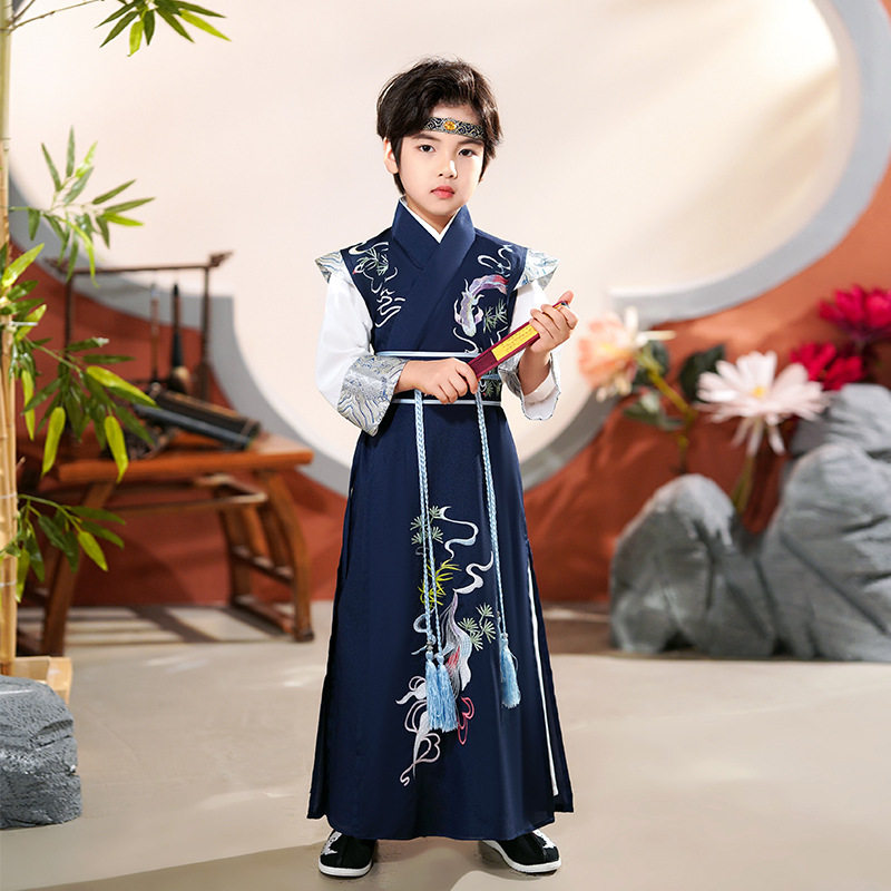 汉服男童2025春秋交领飞鱼蓝长袍儿童刺绣长袖上衣外褂套装演出服