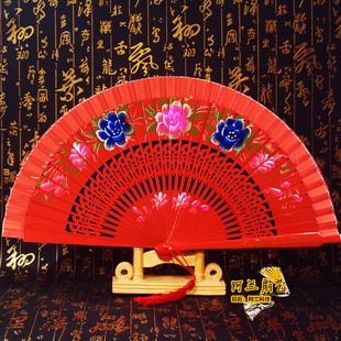 红色跳舞扇子双面图案西班牙木扇舞蹈扇旗袍走秀表演扇结婚庆红扇