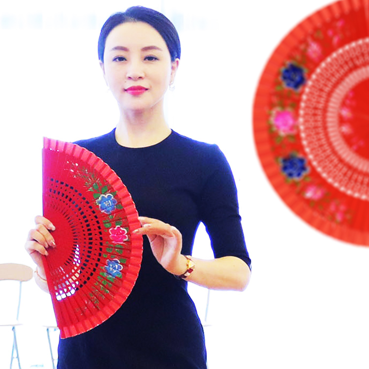 易开合扇子双面大红手绘舞蹈
