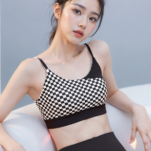 撞色美背运动内衣黑白格印花运动背心可调节肩带专业健身吊带上衣