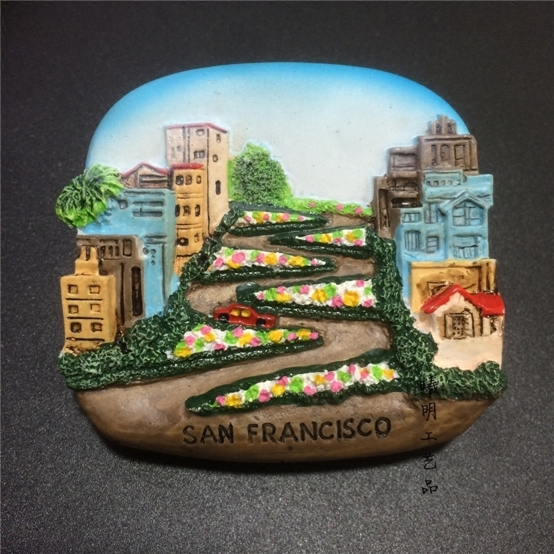 美国旅游纪念品树脂高档冰箱贴磁贴手绘精致旧金山九曲花街精品