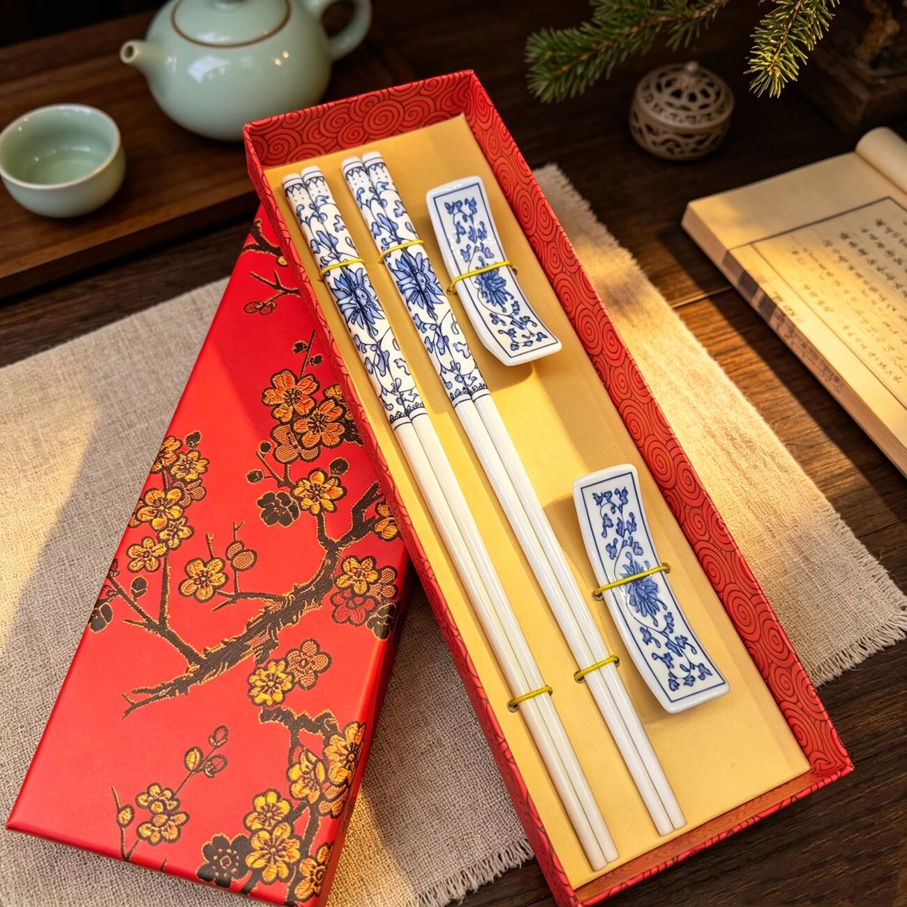 陶瓷实木竹子创意筷子中式礼品盒餐具套装防滑耐高温出国送礼佳品