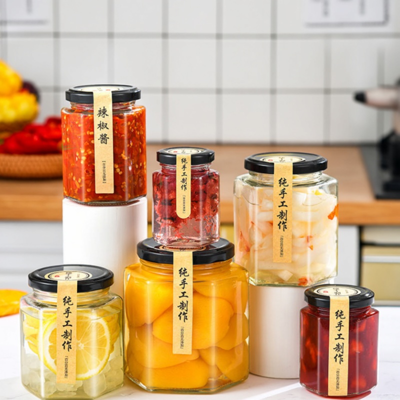 玻璃罐带盖食品级六棱果酱辣椒酱密封罐蜂蜜柠檬膏小六角玻璃瓶子