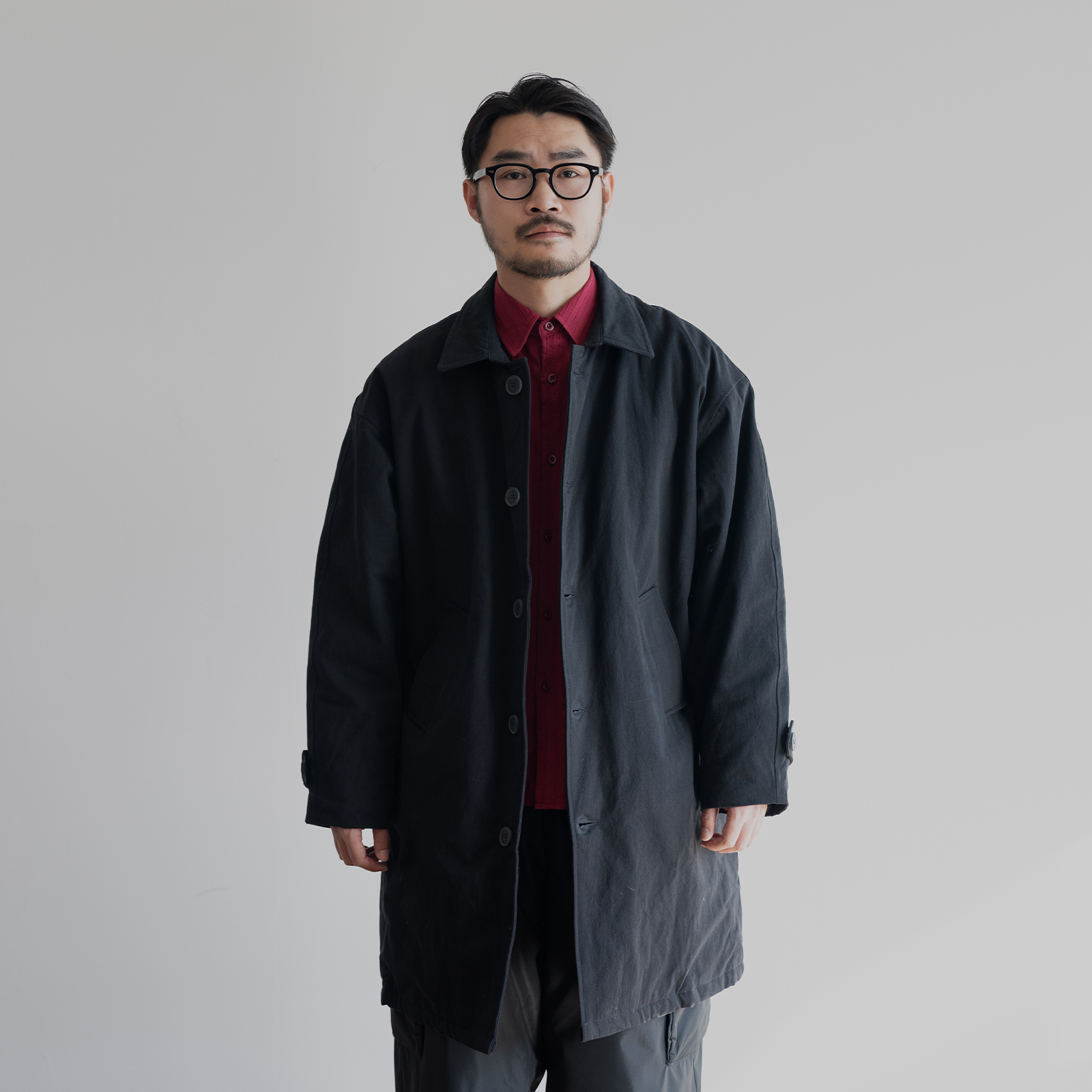 雾撞山野中长款棉衣男秋冬日系复古宽松工装棉服黑色翻领外套风衣