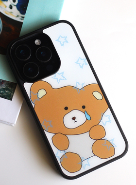 omatl原创蓝色星星小熊 pc磨砂黑边磁吸手机壳 适用于苹果iphone