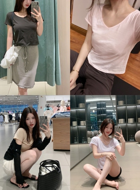 鱼没放 5色 薄皮T恤 A类棉正肩显瘦v领T恤  好穿！