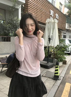 鱼没放 甜美轻薄微透粉紫色针织衫 小高领气质设计感打底衫