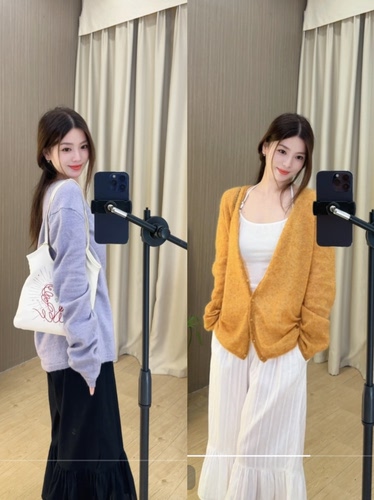 鱼没放2色系带针织开衫简约V领毛衣外套