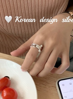 韩国小众设计饰品 S925纯银爱心形贝珠戒指 开口可调节高级感指环