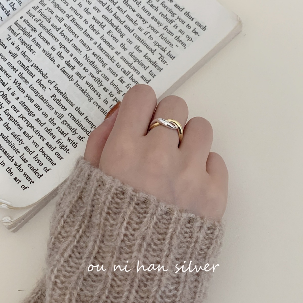 lulu S925纯银拼色缠绕戒指女小众设计高级感轻奢风ins简约食指环