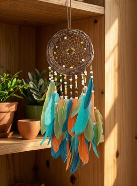 森系羽毛装饰藤圈铺梦网挂件吊饰