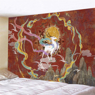 中式国风背景布敦煌飞天墙布卧室床头书房墙面装饰直播挂毯定制