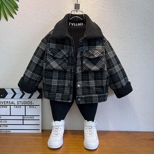 男童加绒格子外套秋冬2025款摇粒绒加厚儿童冬装夹克洋气宝宝衣服