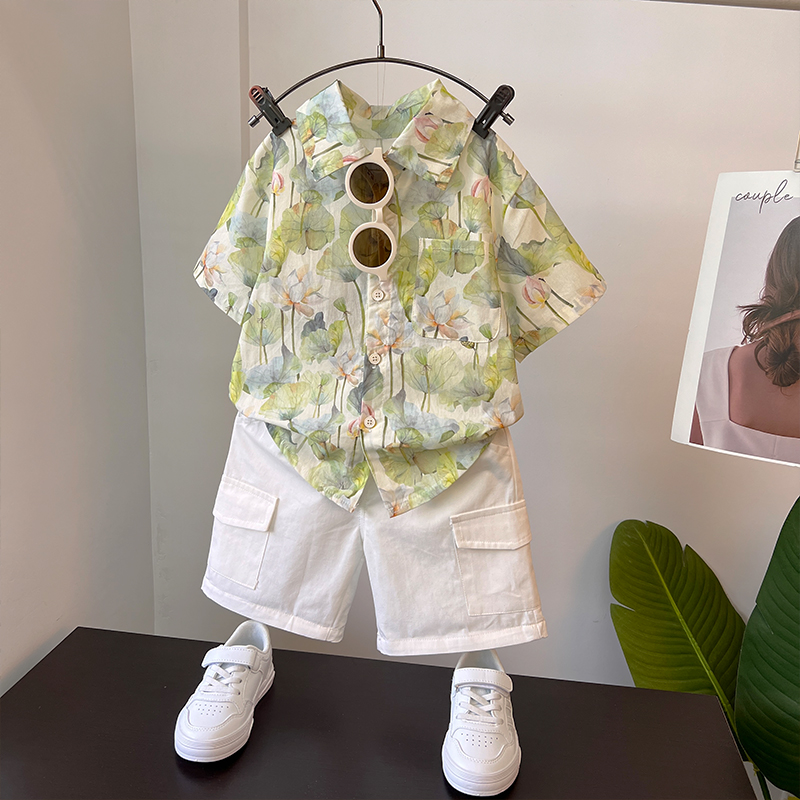 男童夏套装2025款港风短袖花衬衫宝宝夏季海边度假儿童衣服两件套