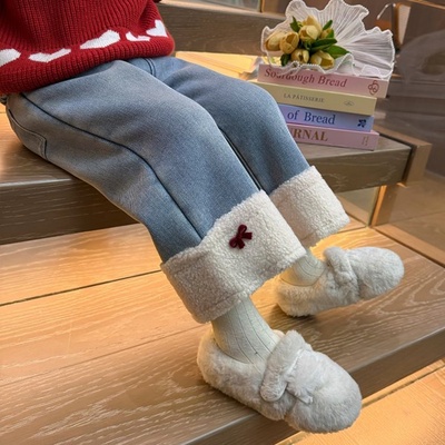 女童加绒牛仔裤2025新款冬加厚一体绒小女孩羊羔毛直筒阔腿裤子