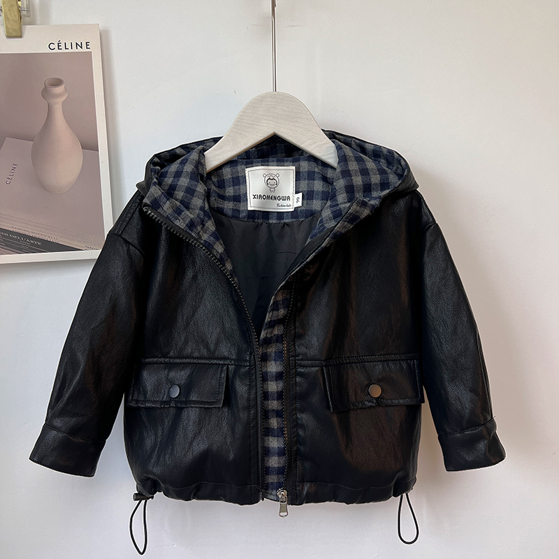男童秋季外套2025新款小男孩炸街痞帅连帽格子皮衣宝宝儿童上衣潮