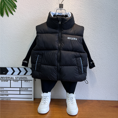 儿童马甲男款2025新款羽绒棉服男童纯色刺绣冬装加厚保暖男孩背心