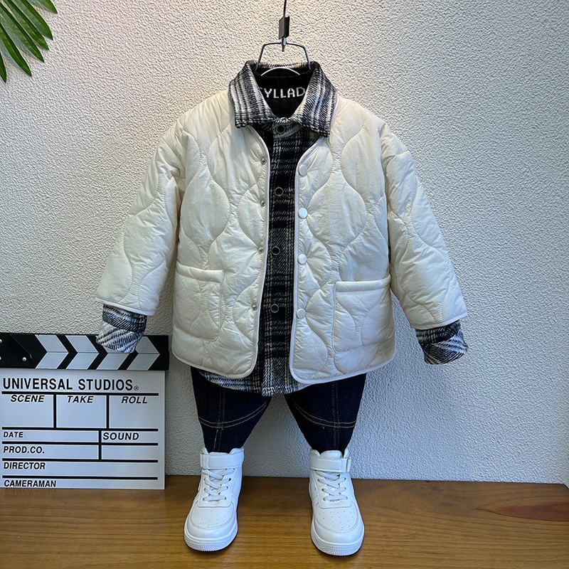 男童秋冬轻薄棉衣外套2024新款假两件格子衬衫夹棉二棉儿童棉服冬