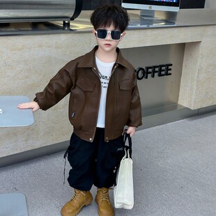 小男童外套秋装 潮牌柔软PU皮夹克秋季 衣服 2025新款 儿童皮衣春秋款