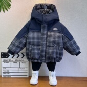 儿童羽绒服90白鸭绒2025冬装 新款 男童格子棉衣外套潮宝宝加厚棉袄