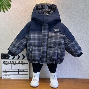 儿童羽绒服90白鸭绒2025冬装新款男童格子棉衣外套潮宝宝加厚棉袄