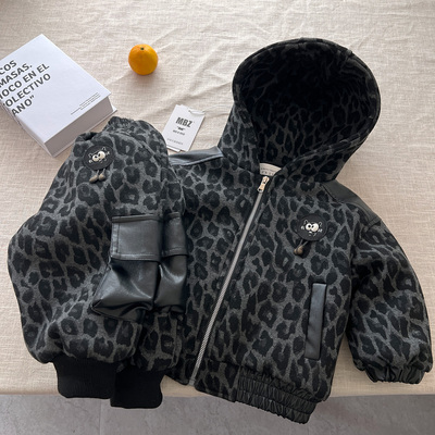 男童加绒套装冬装2025新款时髦宝宝衣服冬季加厚儿童豹纹棉衣外套