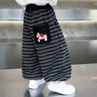 儿童裤子春季男2026新款男宝春装条纹灯笼裤春秋男孩束脚针织卫裤