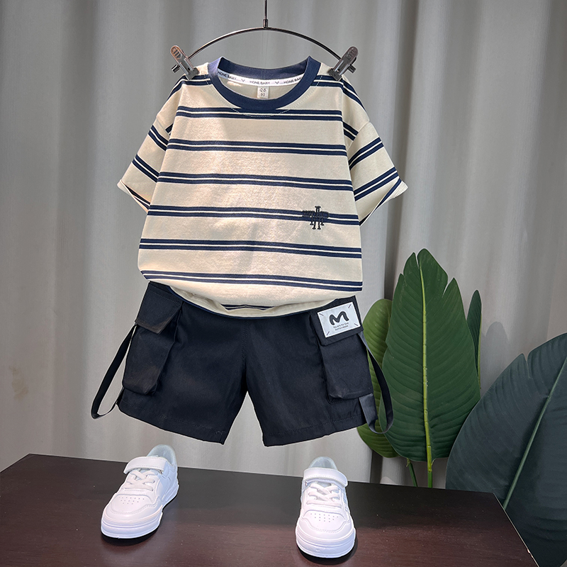 男童夏季套装2025新儿童衣服宝宝刺绣条纹短袖t恤工装短裤两件套