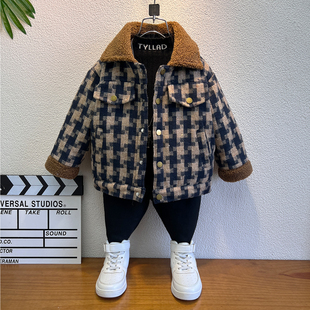 男童加绒加厚格子毛呢外套秋冬装2025新款冬季儿童上衣帅气潮童装